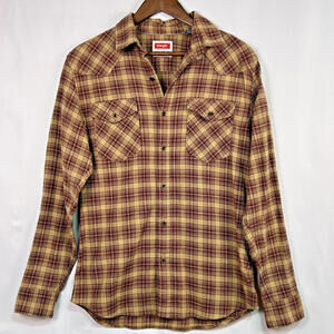 Wrangler Shirt Mens Medium Brown Red Plaid Flannel Long Sleeve Button Front